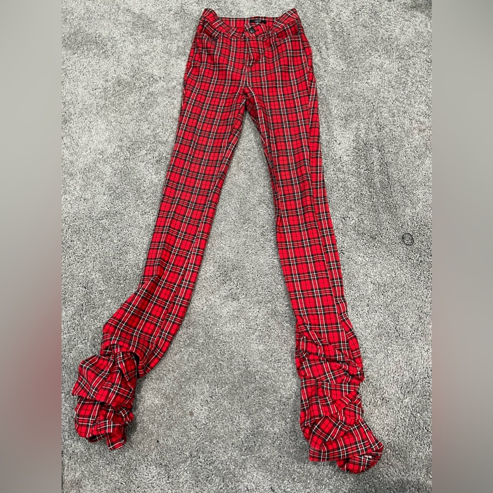Plaid stacked pants